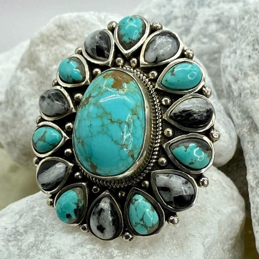NWT Sierra Nevada Turquoise & White Buffalo Halo Ring 12.90ctw Sterling Silver 8